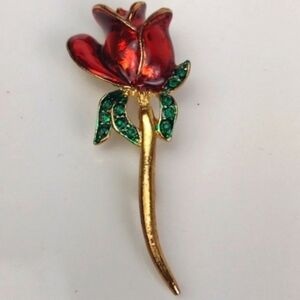 Metallic Red Christmas Rose & Kelly Green Rhinestone Leaves Gold Tone Brooch Pin